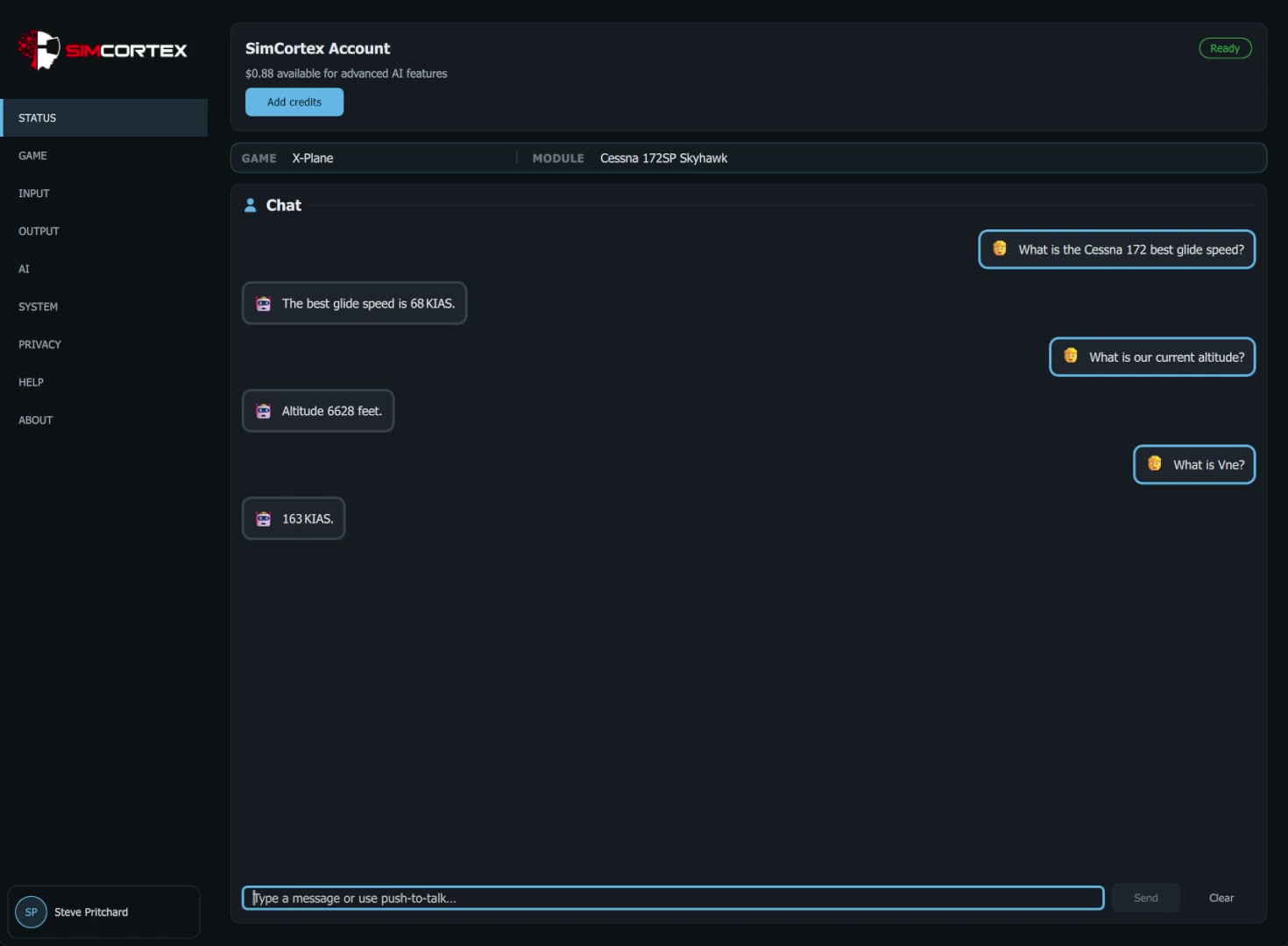 The SimCortex panel answering a best-glide-speed question, captured live in the cockpit of X-Plane 12